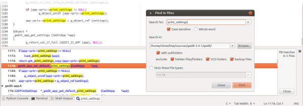 Screenshot of Gedit File Search plugin